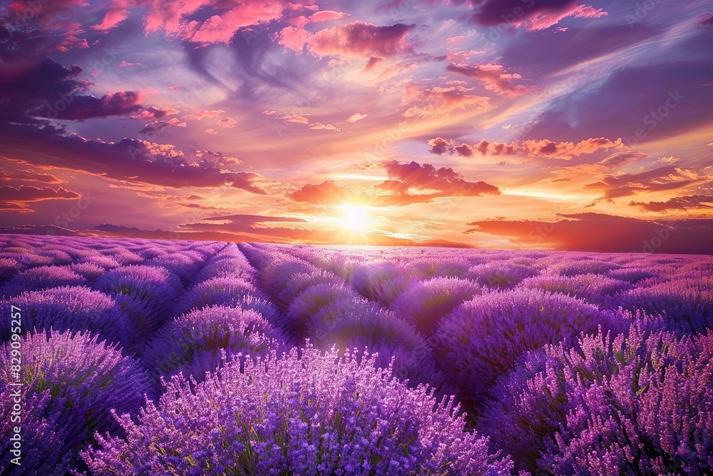 A stunning sunset illuminating a vast lavender field in bloom