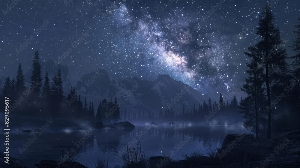 Starfilled night sky with the Milky Way stretching across, illuminating a serene landscape with silhouetted trees and mountains Starfilled night sky with the Milky Way stretching across, illuminating a serene landscape with silhouetted trees and mountains