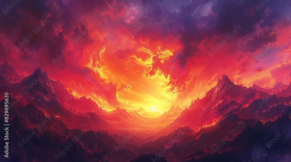 Stunning sunset behind a mountain range, with the sky ablaze in shades of red and purple, casting a warm glow over the landscape Stunning sunset behind a mountain range, with the sky ablaze in shades of red and purple, casting a warm glow over the landscape