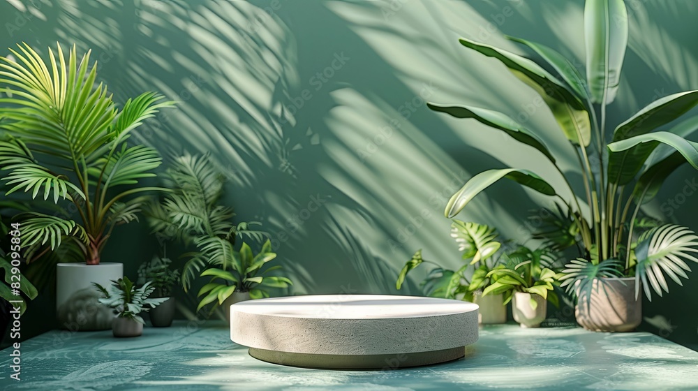 A peaceful setting with a stone platform and green plants illuminated by gentle sun rays. The tranquil atmosphere and natural beauty are ideal for wellness, nature, and relaxation themes A peaceful setting with a stone platform and green plants illuminated by gentle sun rays. The tranquil atmosphere and natural beauty are ideal for wellness, nature, and relaxation themes