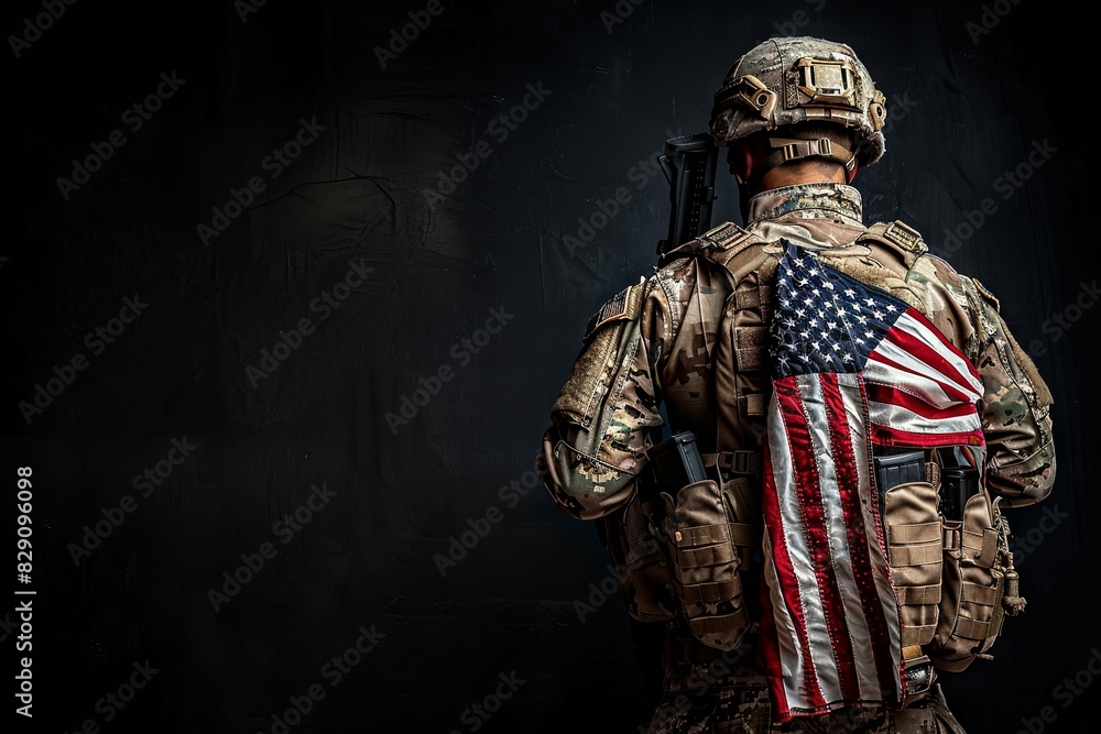 A soldier dressed in full military gear with an American flag draped over his shoulder stands against a dark background. The image captures the essence of duty, pride, and patriotism A soldier dressed in full military gear with an American flag draped over his shoulder stands against a dark background. The image captures the essence of duty, pride, and patriotism