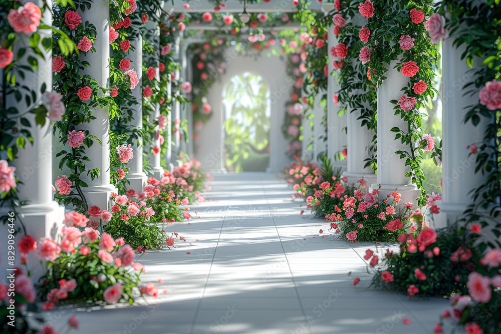Fototapeta premium A sunlit garden pavilion adorned with climbing vines and fragrant blooms, where the tranquility of nature fosters creative thought. Concept of botanical inspiration. Generative Ai.