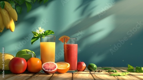 Fresh Juices and Smoothies with Fruits on Desk - Generative AI