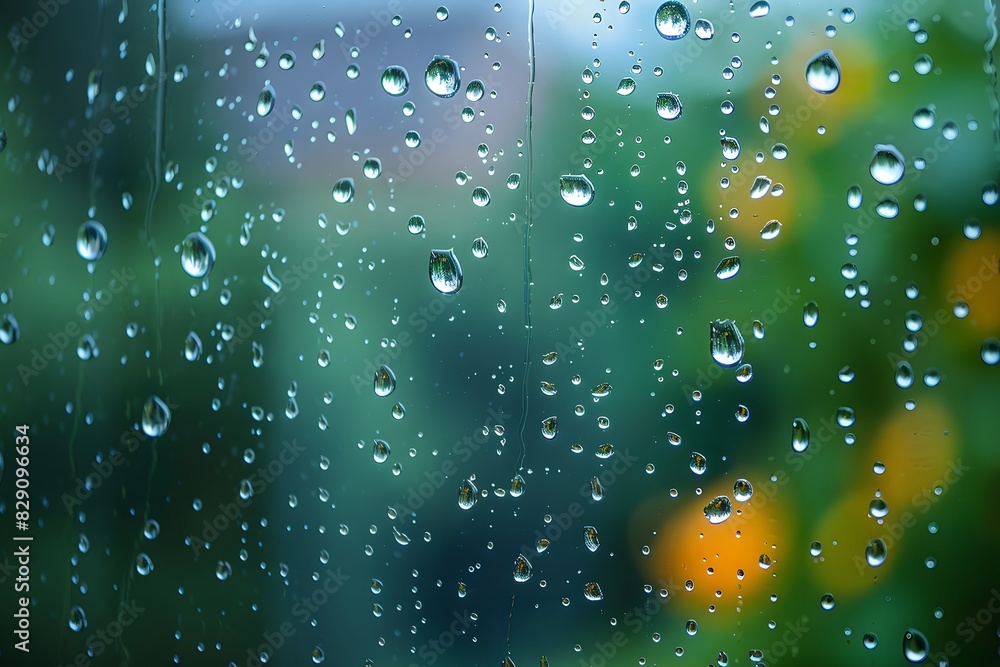 Raindrop-covered window with blurred background Raindrop-covered window with blurred background