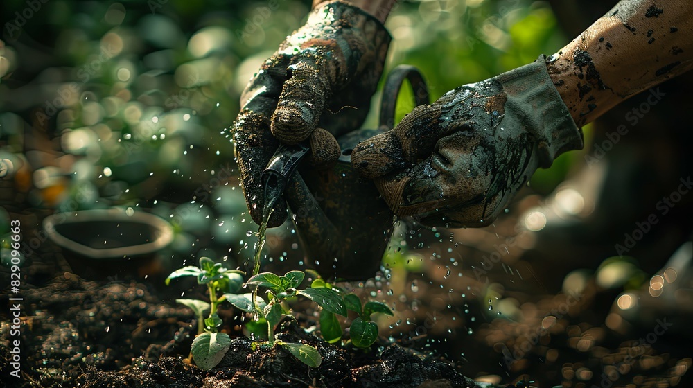 Female hands in gardening gloves with a watering can in the background, in a closeup shot. 