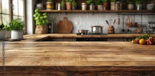Rustic wooden countertop with a view of a modern kitchen and garden, perfect for home decor and culinary themes