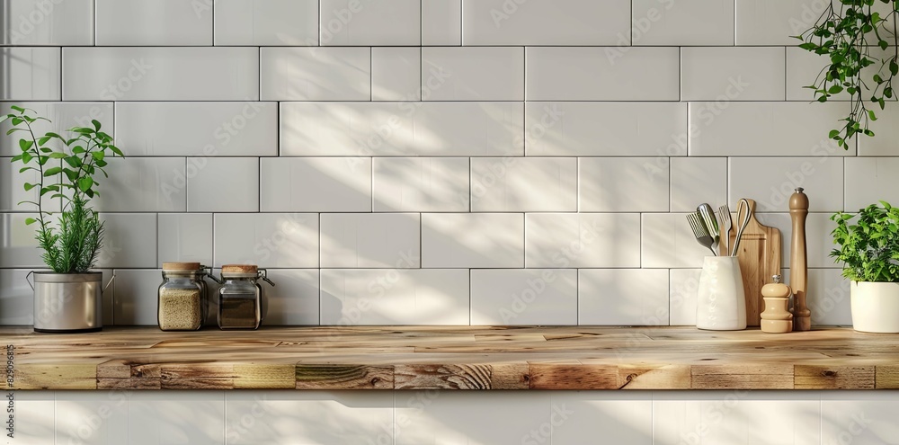 A stylish kitchen setup featuring a wooden countertop, potted plants, and jars, complemented by a white tiled backsplash. This image highlights a neat and modern kitchen interior. A stylish kitchen setup featuring a wooden countertop, potted plants, and jars, complemented by a white tiled backsplash. This image highlights a neat and modern kitchen interior.