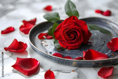 Rose on plate with petals photo