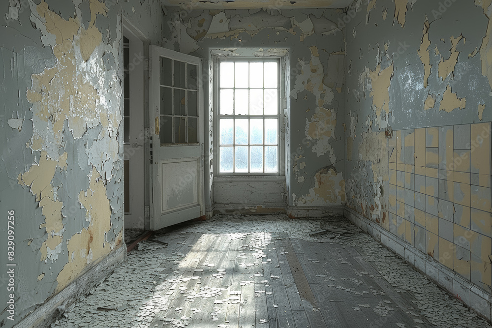 A forgotten asylum with peeling paint and barred windows, where echoes of past suffering linger in the stale air. Concept of institutional despair. Generative Ai. A forgotten asylum with peeling paint and barred windows, where echoes of past suffering linger in the stale air. Concept of institutional despair. Generative Ai.