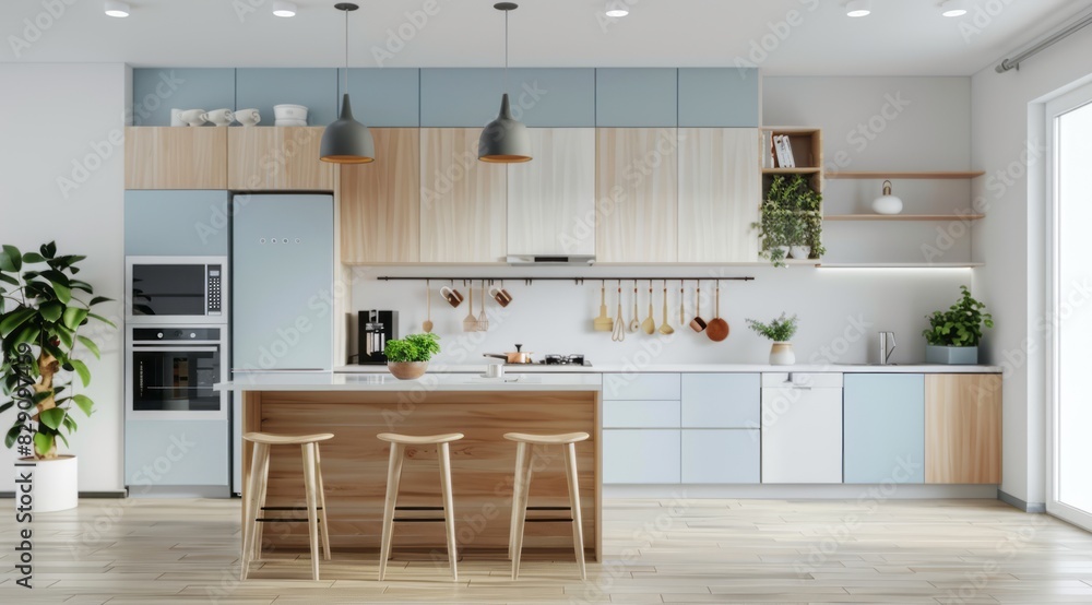 Modern Nordic kitchen interior with white and pastel blue cabinets Modern Nordic kitchen interior with white and pastel blue cabinets