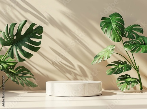 Podium with wood background for product presentation, minimal design, beige wall and green tree branch, simple design, mock up in the style of green tree branch.