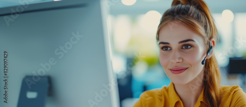 Wide focus on a female call center support employee with a headmic