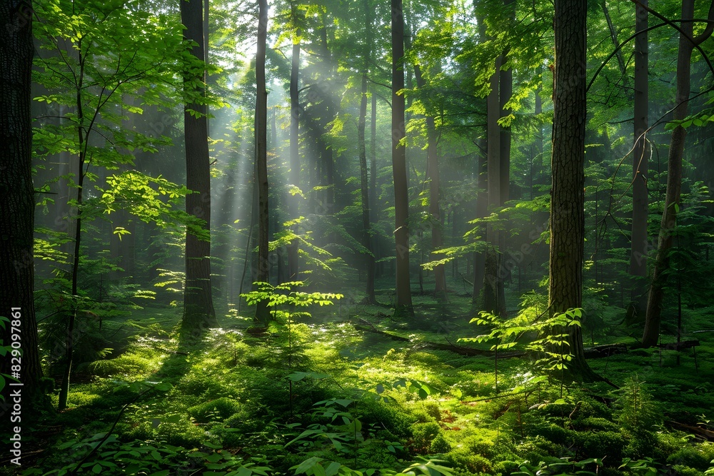 Naklejka premium Sunlight through trees in forest with ferns