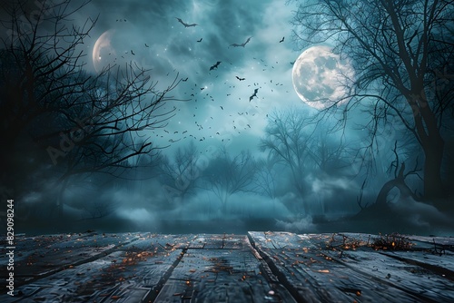 Wooden floor, full moon, bats in sky photo