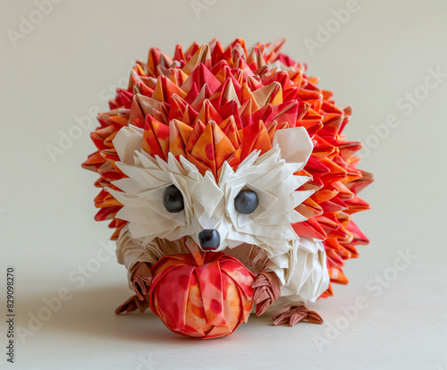 Origami Paper Hedgehog with Red Apple, Handmade Figurine Isolated on White