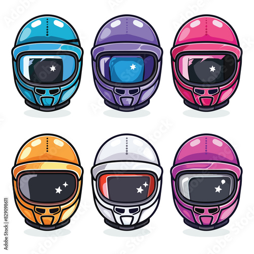 Colorful motorcycle helmets design elements set. Helmets visors, reflections, stars visor sticker. Motorcycle racing cartoon style colorful accessories