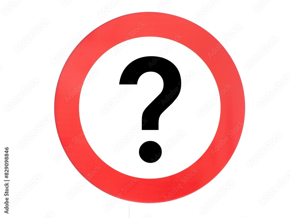 Speed limit traffic sign with a question mark inside isolated on white. Uncertainty or inquiry regarding the specified speed limit. Variable limit speed Speed limit traffic sign with a question mark inside isolated on white. Uncertainty or inquiry regarding the specified speed limit. Variable limit speed