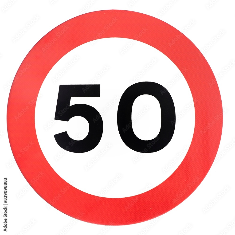 Isolated traffic sign indicating a 50 km/h speed limit. A red circle with the number 50 inside on a white background Isolated traffic sign indicating a 50 km/h speed limit. A red circle with the number 50 inside on a white background