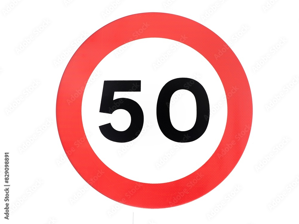 Isolated traffic sign indicating a 50 km/h speed limit. A red circle with the number 50 inside on a white background Isolated traffic sign indicating a 50 km/h speed limit. A red circle with the number 50 inside on a white background
