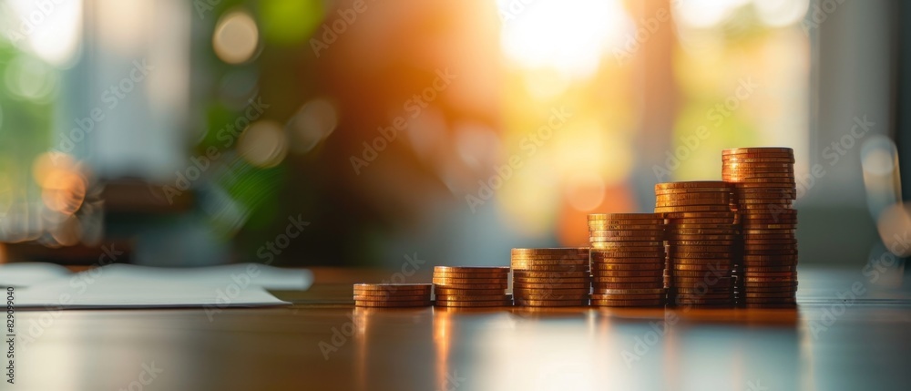 Modern financial growth chart with stacks of coins rising, vibrant colors, minimalistic design, space for text Modern financial growth chart with stacks of coins rising, vibrant colors, minimalistic design, space for text