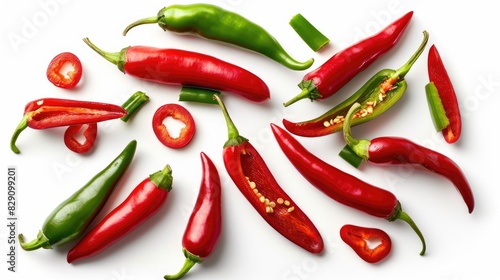 Top down photo of sliced red and green hot chili peppers isolated on white background with clipping path