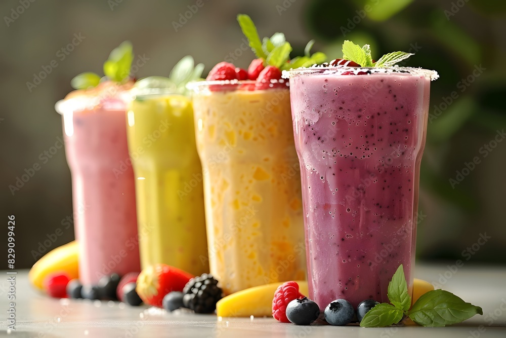 Three glasses fruit smoothie with various berries and mint leaves Three glasses fruit smoothie with various berries and mint leaves