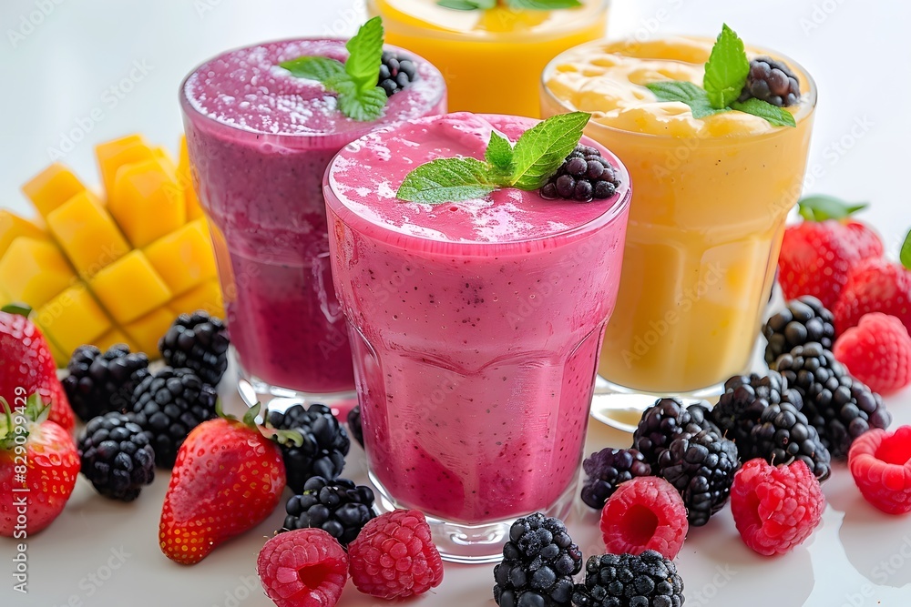 Three fruit smoothies, each with different fruits Three fruit smoothies, each with different fruits