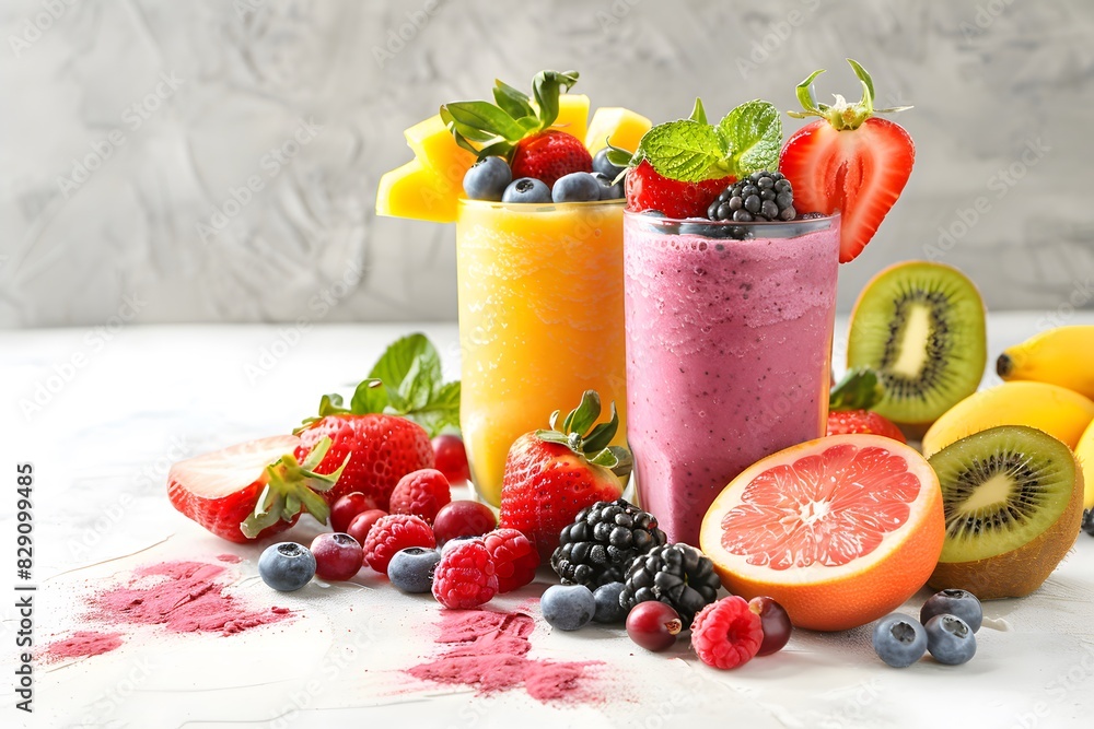 Three assorted fruits with drink in glass Three assorted fruits with drink in glass