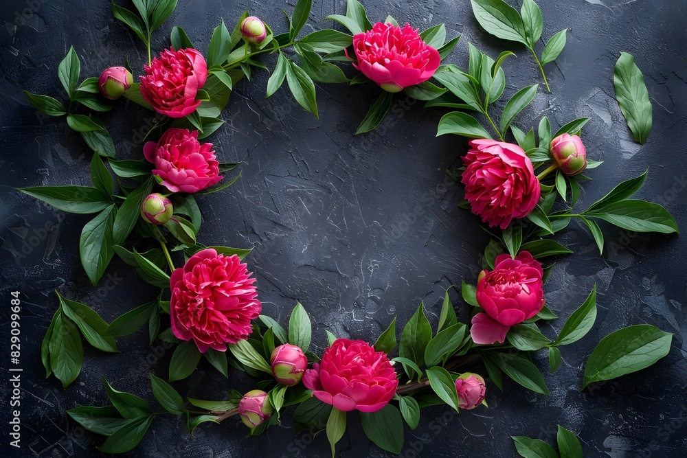 Pink flower wreath on black surface Pink flower wreath on black surface