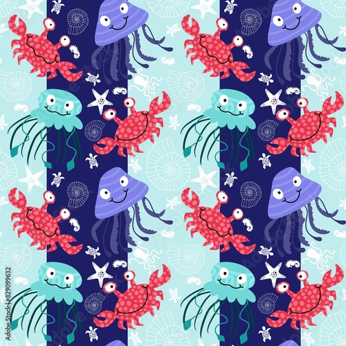 Fototapeta Naklejka Na Ścianę i Meble -  Summer animals print seamless cartoon crabs and jellyfish pattern for wrapping