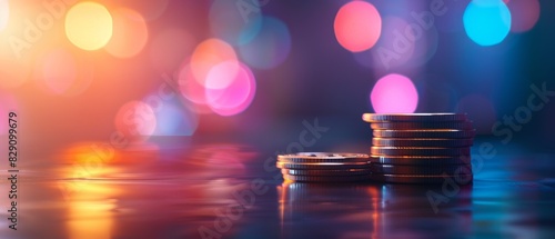 Abstract concept of digital currency stacks with bitcoin symbols, vibrant neon colors, minimalistic design, space for text