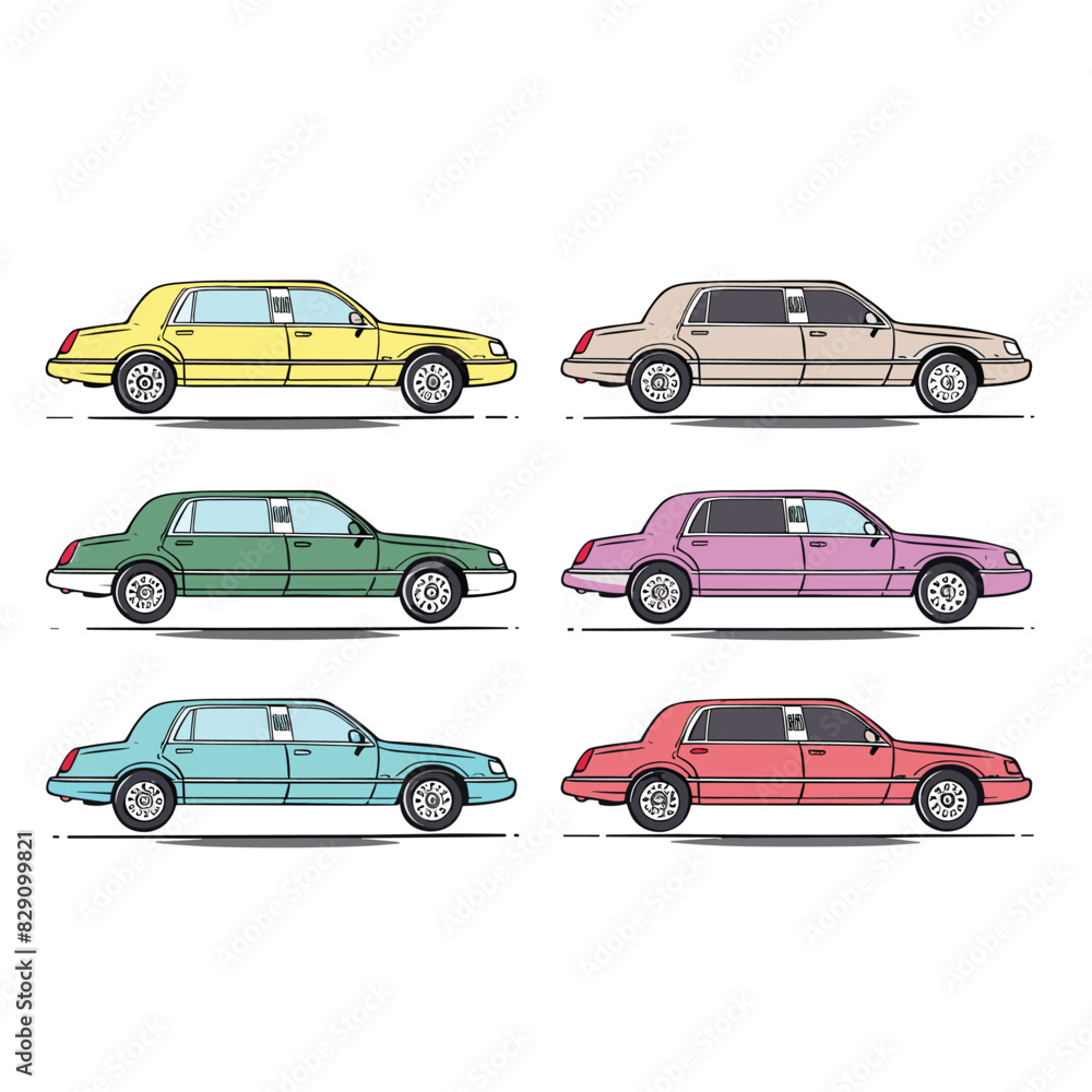 Six colorful limousines displayed side side, two per row, flat vector style. Vehicle varieties include yellow, beige, green, purple, turquoise, red limos, limousine detailed windows, wheels, slight