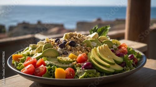 Colorful close up of fresh salad with avocadoand tomatoes cherry  served in the restaurant with sea view  16 9 ratio