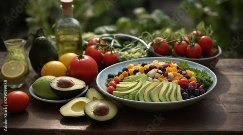 Colorful close up of fresh salad with avocadoand tomatoes  16 9 ratio