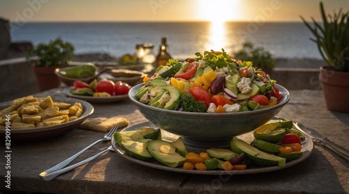 Colorful close up of fresh salad with avocado, served in the restaurant with sea view during sunset, 16:9 ratio