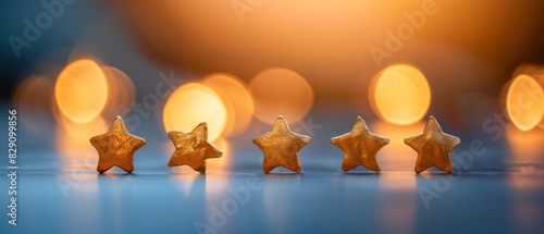 Abstract depiction of a review chart with five stars highlighted in gold, minimalistic design, bright colors, space for text photo