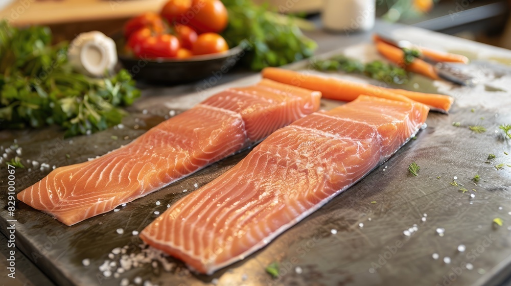 Trout fillet displayed on a cutting surface Trout fillet displayed on a cutting surface