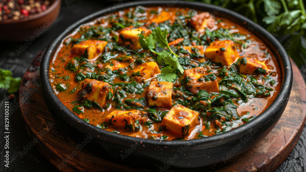 Palak Paneer indian traditional food with cheese and spinach on black background, view from above,generative ai Palak Paneer indian traditional food with cheese and spinach on black background, view from above,generative ai