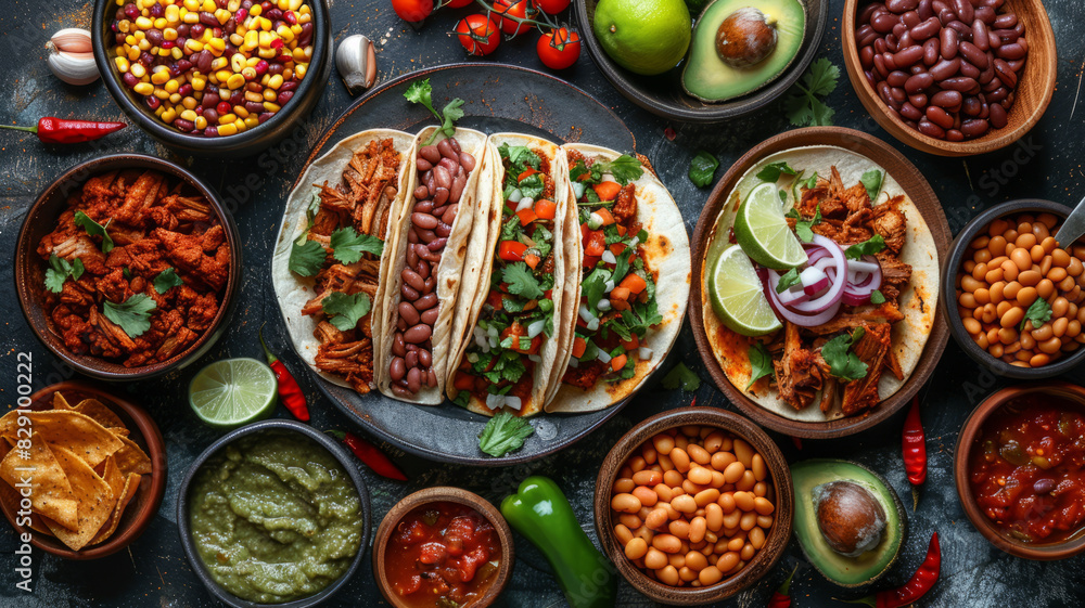 Fototapeta premium Overhead shot of a dinner table with Mexican food and hands. Tacos, beans, carnitas, habanero, salsa,generative ai