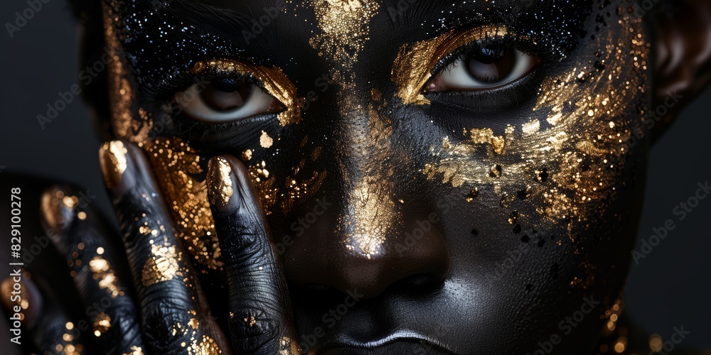 Beauty photography, close-up, beautiful woman with black glitter and gold paint on face, dramatic and artistic makeup.