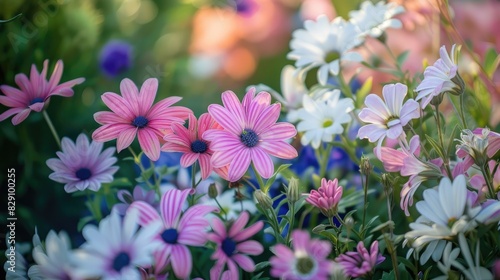 Variety of flowers in pink white and violet colors blooming in the garden