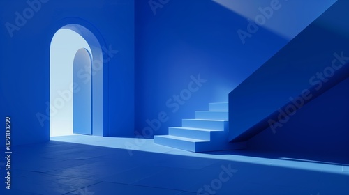 Minimalist illustration  background  simple architectural scene with large blue shapes and stairs  clean and modern design.