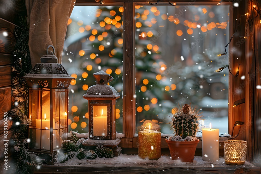 Window with candle and christmas tree Window with candle and christmas tree