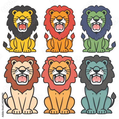 Six cartoon lions expressing different emotions, colorful, isolated, lions, cheerful, angry, sad, different colors, simple lines. Vector lions set, flat design emotion icons cute