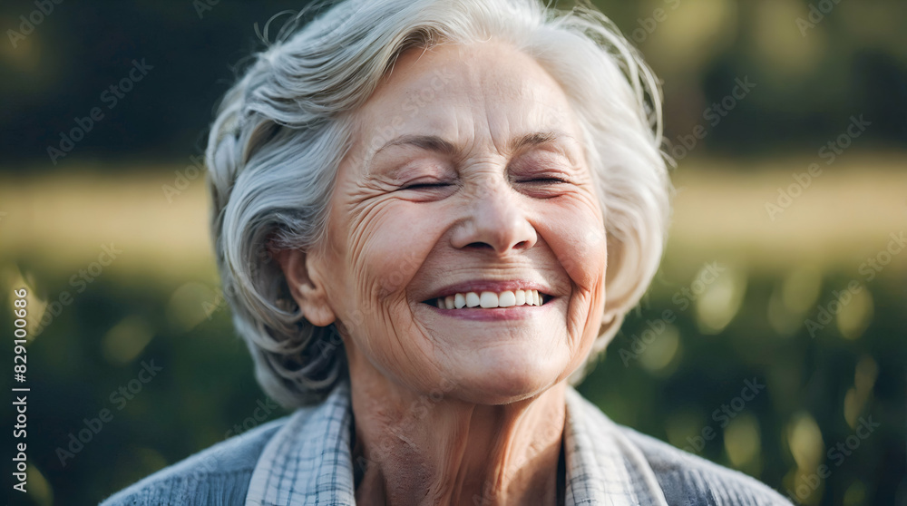 An older woman exudes a sense of peace and joy as she smiles with her eyes closed, radiating warmth and contentment.