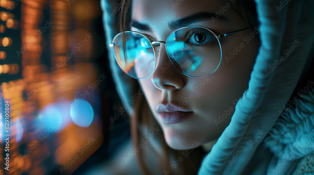 A close-up portrait of a young female computer programmer looking at the code A close-up portrait of a young female computer programmer looking at the code