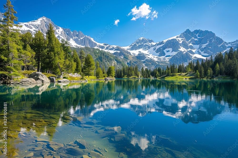 A pristine alpine lake with crystal-clear water nestled among towering trees and majestic mountains