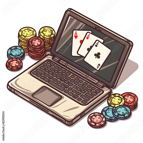 Online game concept poker playing cards and chips with laptop isolated on white background, png
 photo