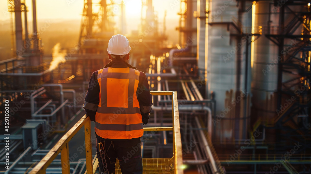 A power engineer in a high visibility vest and hard hat stands on the platform of an industrial factory with large columns, buildings, and tanks for oil or gas against the sunlight on a sunny day A power engineer in a high visibility vest and hard hat stands on the platform of an industrial factory with large columns, buildings, and tanks for oil or gas against the sunlight on a sunny day