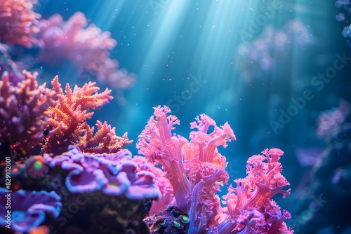 Vibrant pink corals in blue water on a coral reef